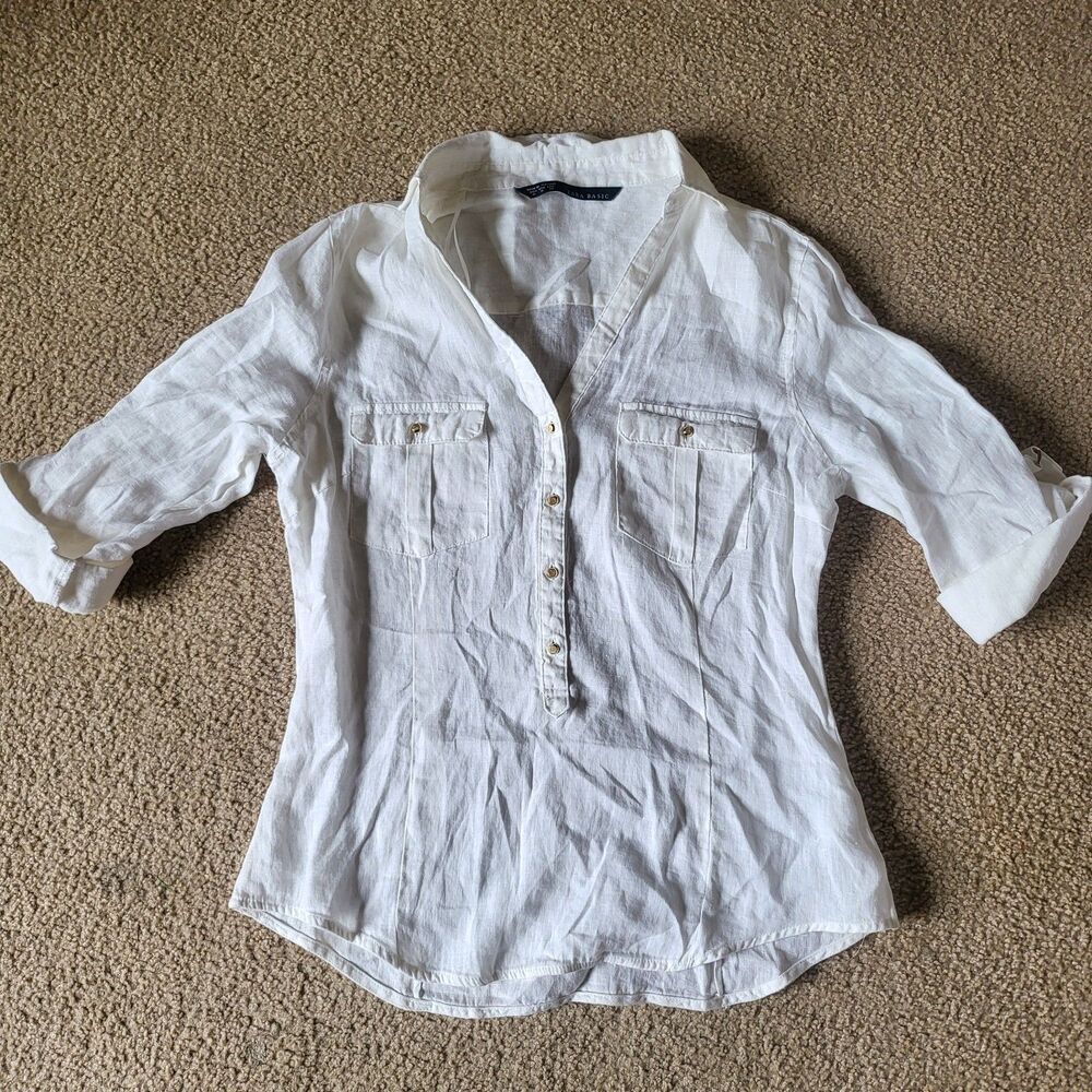 Zara Basic Women's Linen Shirt Blouse White Golden Buttons Size M